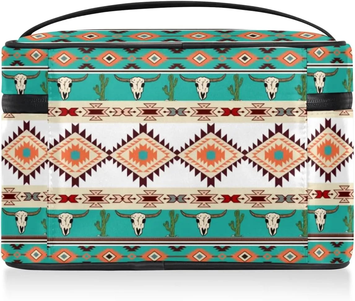 Makeup Bag,Navajo Aztec Bull Cactus Cosmetic Bags for Woman Girls,Portable Large Capacity Travel Makeup Case Organizer Cosmetic Case Travel Essential
