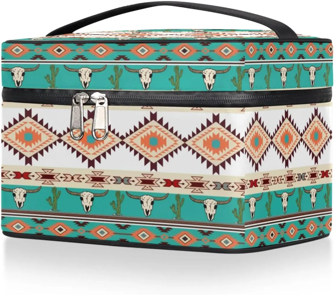 Makeup Bag,Navajo Aztec Bull Cactus Cosmetic Bags for Woman Girls,Portable Large Capacity Travel Makeup Case Organizer Cosmetic Case Travel Essential