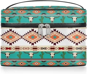 Makeup Bag,Navajo Aztec Bull Cactus Cosmetic Bags for Woman Girls,Portable Large Capacity Travel Makeup Case Organizer Cosmetic Case Travel Essential