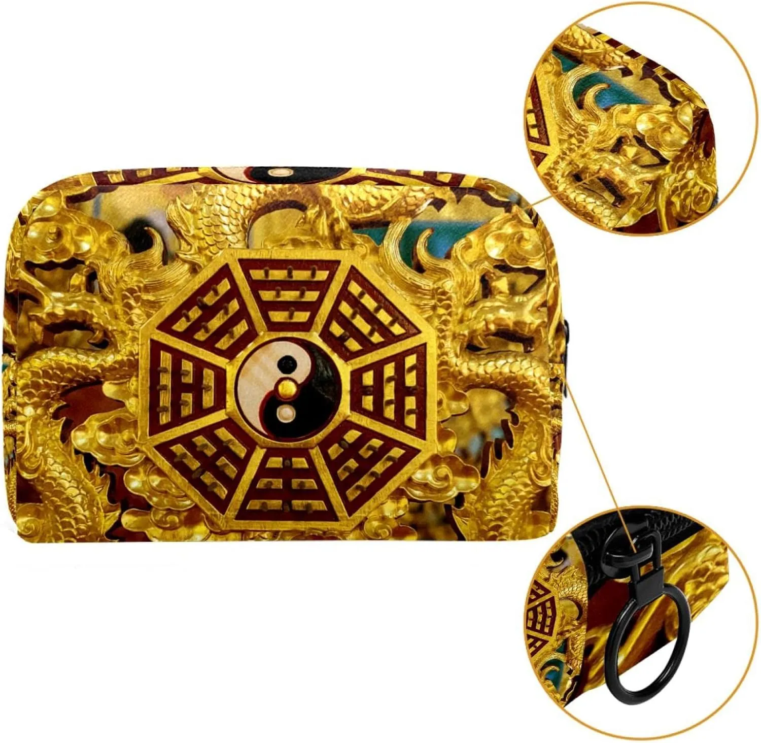 Makeup Organizer Bag, Gold Yin Yang Pencil Case Cosmetic Storage Bag Portable Toiletry Pouch for Women, Men, Traveling, School