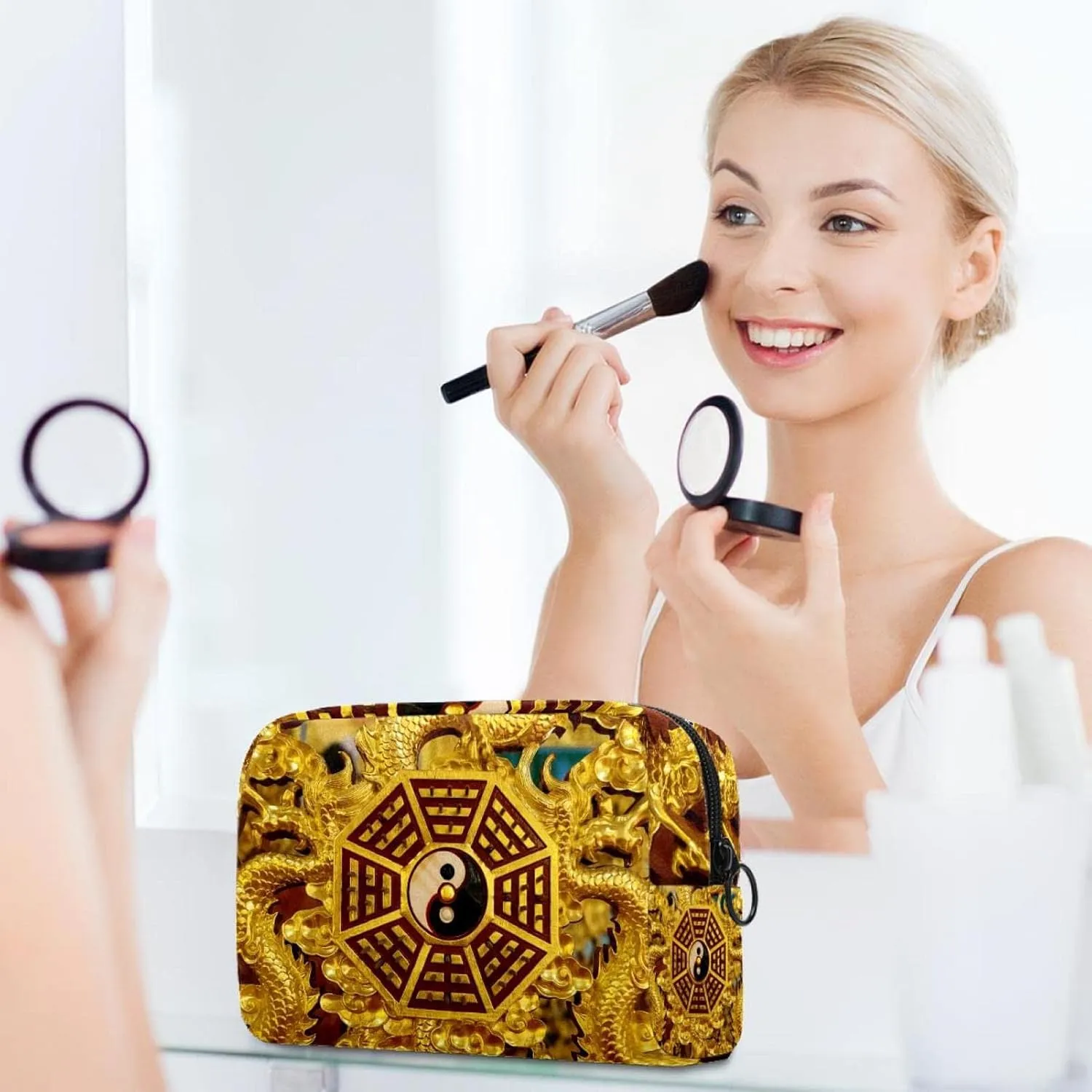 Makeup Organizer Bag, Gold Yin Yang Pencil Case Cosmetic Storage Bag Portable Toiletry Pouch for Women, Men, Traveling, School