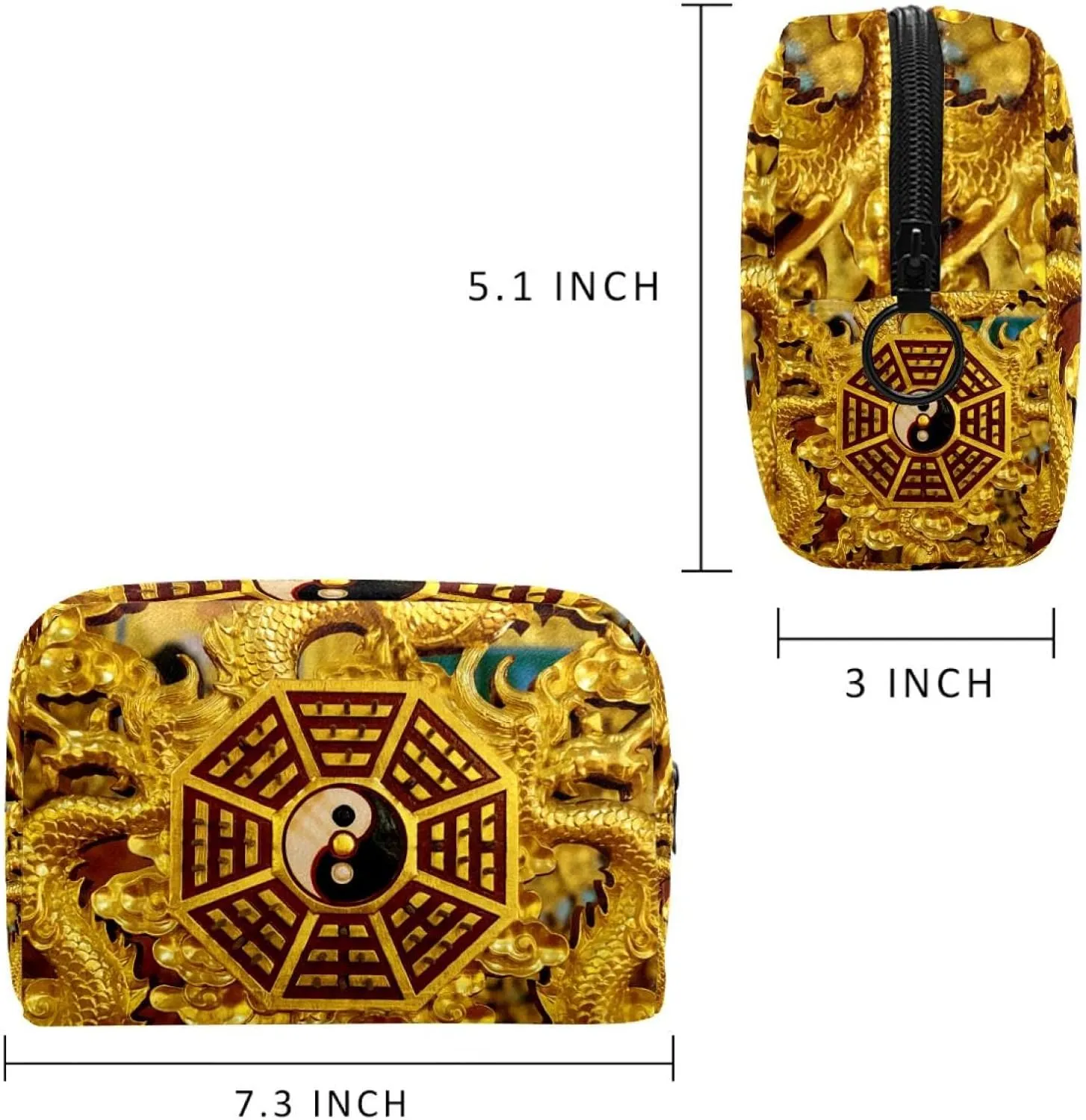 Makeup Organizer Bag, Gold Yin Yang Pencil Case Cosmetic Storage Bag Portable Toiletry Pouch for Women, Men, Traveling, School