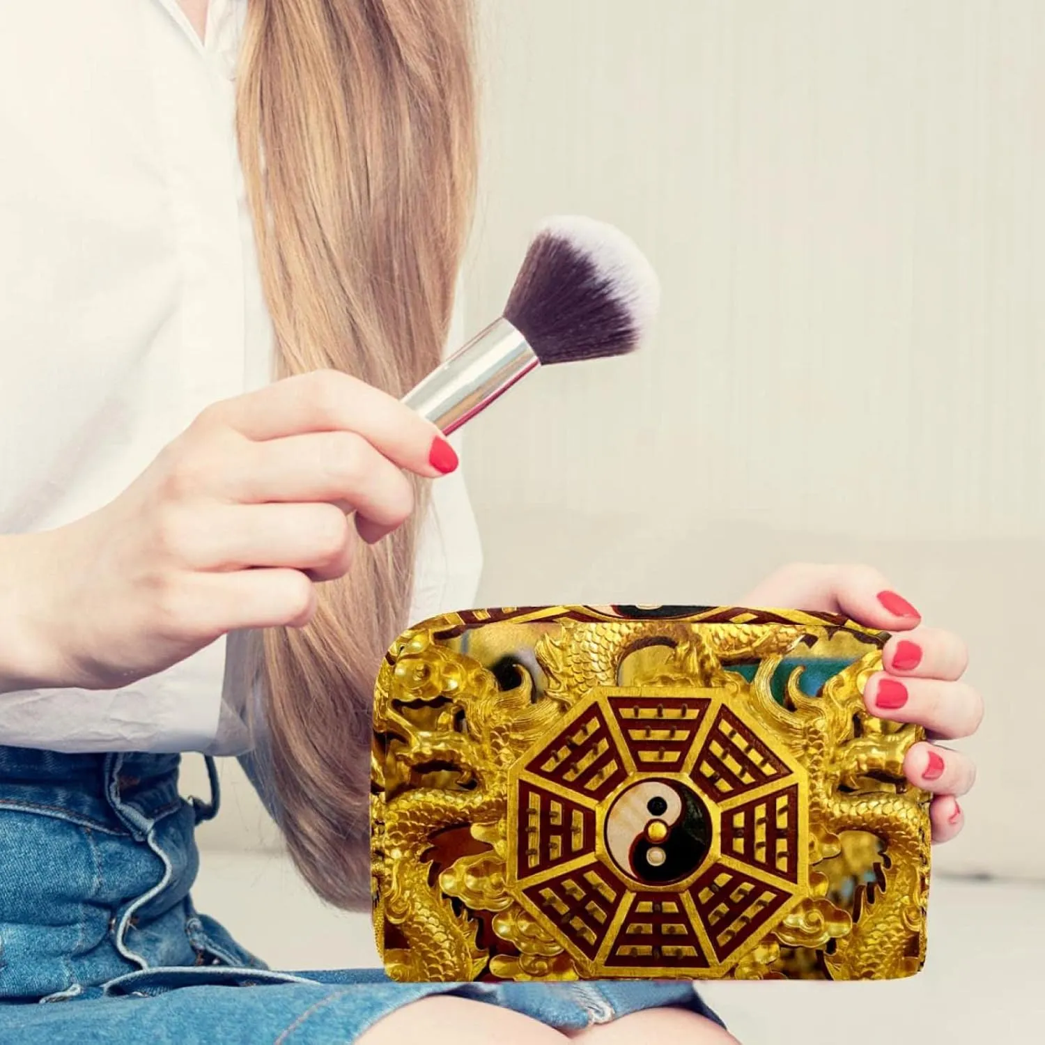 Makeup Organizer Bag, Gold Yin Yang Pencil Case Cosmetic Storage Bag Portable Toiletry Pouch for Women, Men, Traveling, School