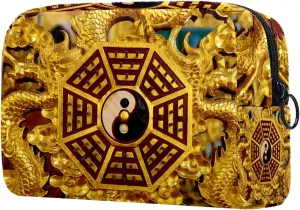Makeup Organizer Bag, Gold Yin Yang Pencil Case Cosmetic Storage Bag Portable Toiletry Pouch for Women, Men, Traveling, School