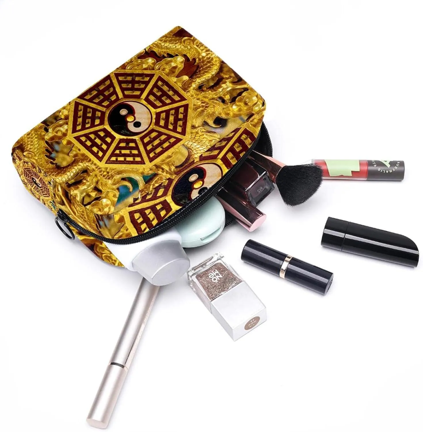 Makeup Organizer Bag, Gold Yin Yang Pencil Case Cosmetic Storage Bag Portable Toiletry Pouch for Women, Men, Traveling, School
