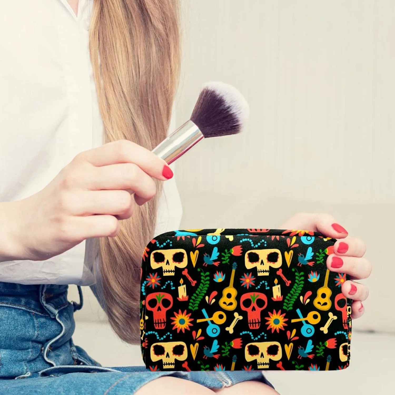 Makeup Organizer Bag, Skull Print Pencil Case Cosmetic Storage Bag Portable Toiletry Pouch for Women, Men, Traveling, School