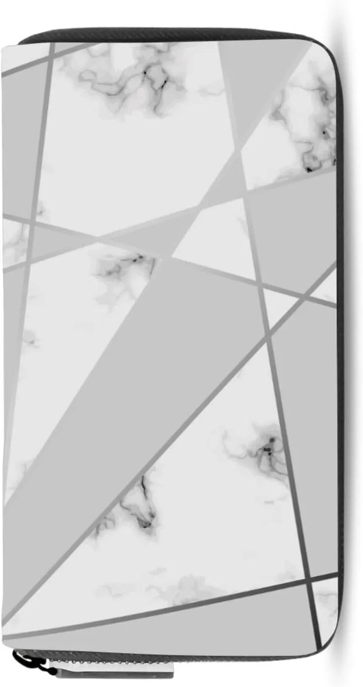 Marbling Golden Geometric Lines, Grey and White Marbled Texture Leather Long Wallet Organizer with Zipper Purse Clutch Bag for Women Men Key Card Coin Passport Checkbook 8 x 4 inch