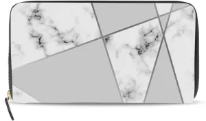 Marbling Golden Geometric Lines, Grey and White Marbled Texture Leather Long Wallet Organizer with Zipper Purse Clutch Bag for Women Men Key Card Coin Passport Checkbook 8 x 4 inch