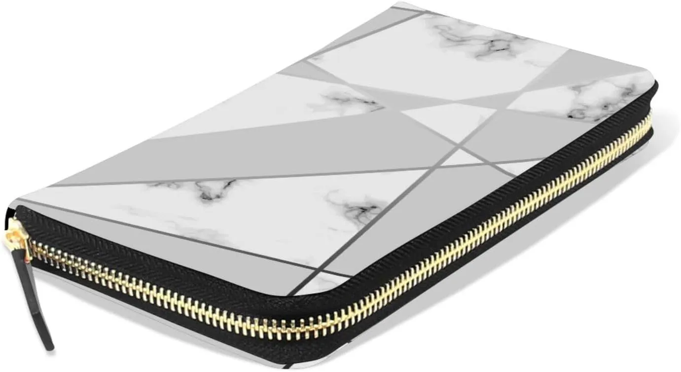 Marbling Golden Geometric Lines, Grey and White Marbled Texture Leather Long Wallet Organizer with Zipper Purse Clutch Bag for Women Men Key Card Coin Passport Checkbook 8 x 4 inch