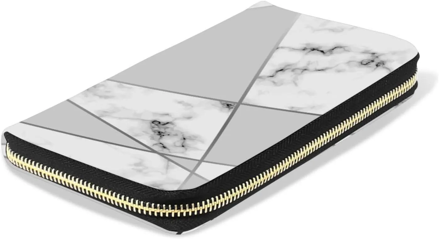 Marbling Golden Geometric Lines, Grey and White Marbled Texture Leather Long Wallet Organizer with Zipper Purse Clutch Bag for Women Men Key Card Coin Passport Checkbook 8 x 4 inch