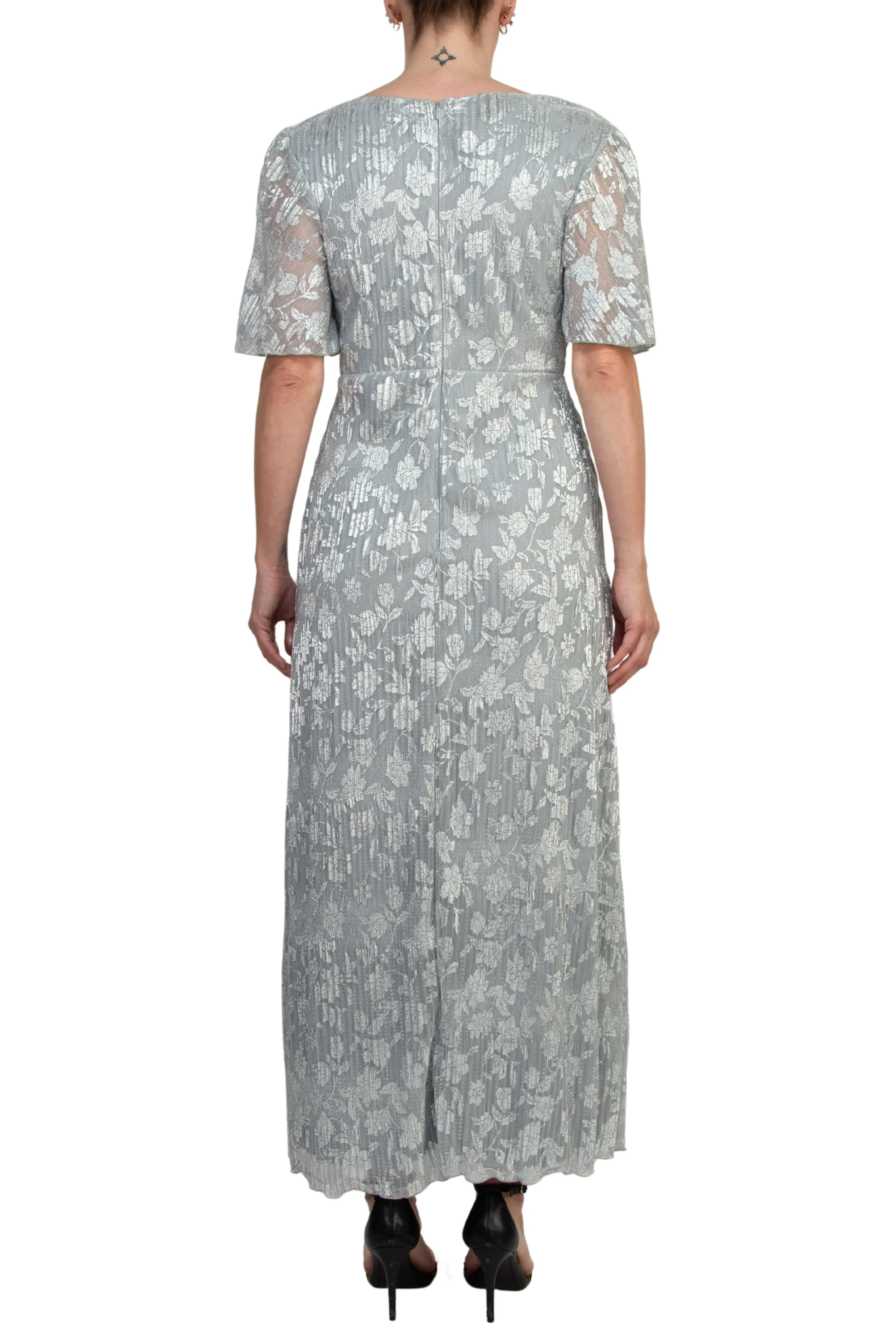 Marina V-Neckline Short Sleeves Pleated Silver Foil Gown