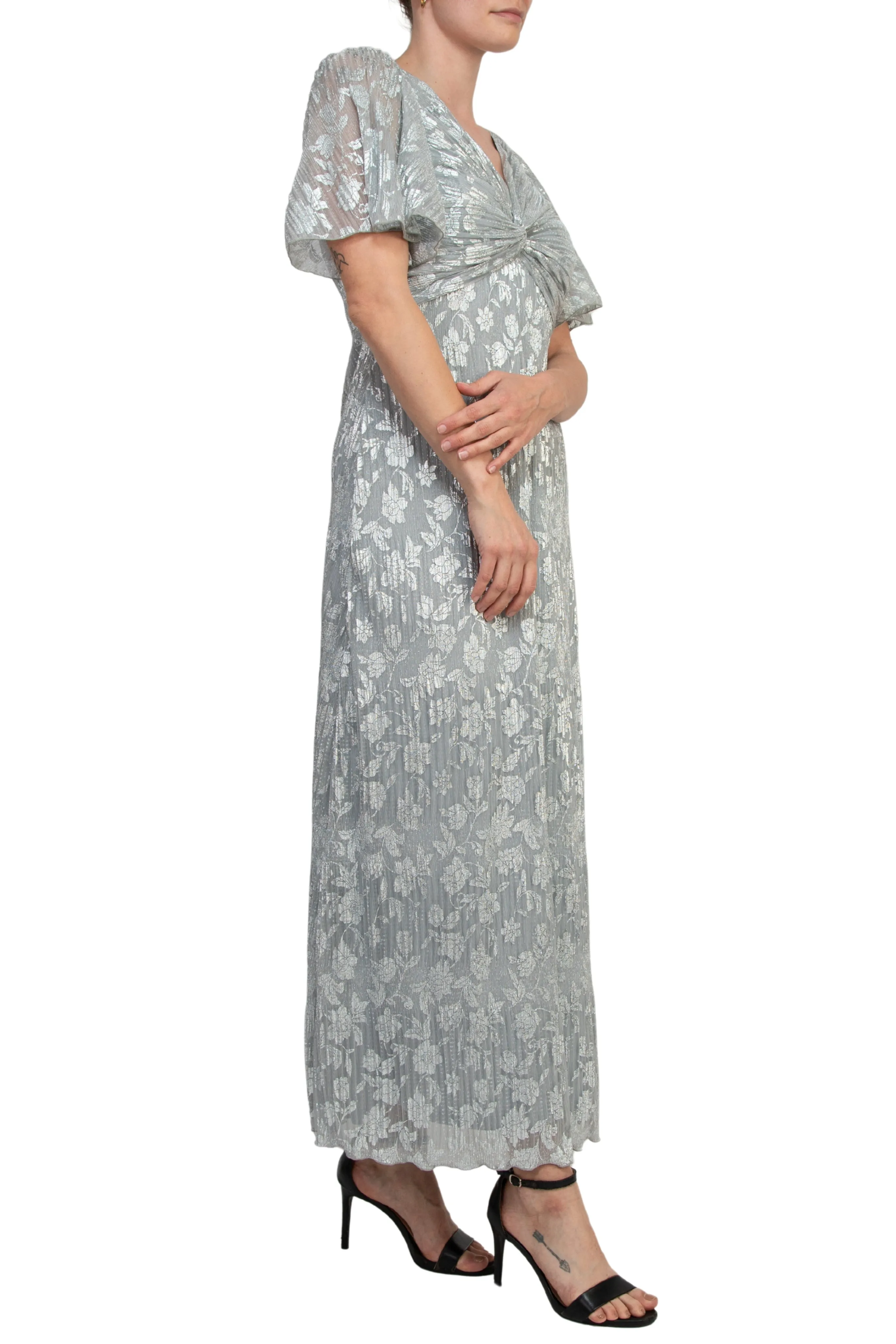 Marina V-Neckline Short Sleeves Pleated Silver Foil Gown