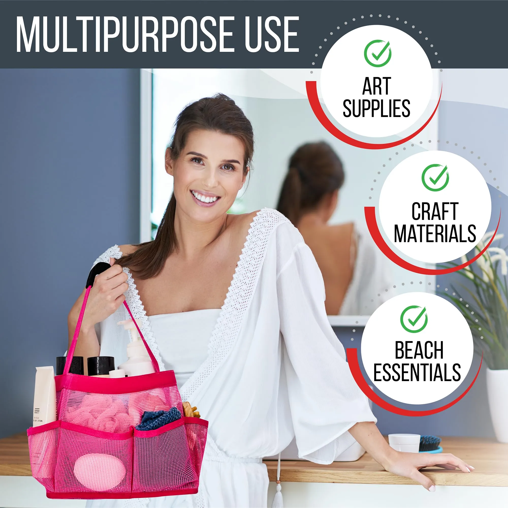 Masirs Mesh Shower Caddy Bag - (9 Pocket) Large Collapsible, Portable Bathroom Organizer for Travel, Gym, & Dorm - Easily Carry & Organize Bathroom Toiletry Essential (Pink)
