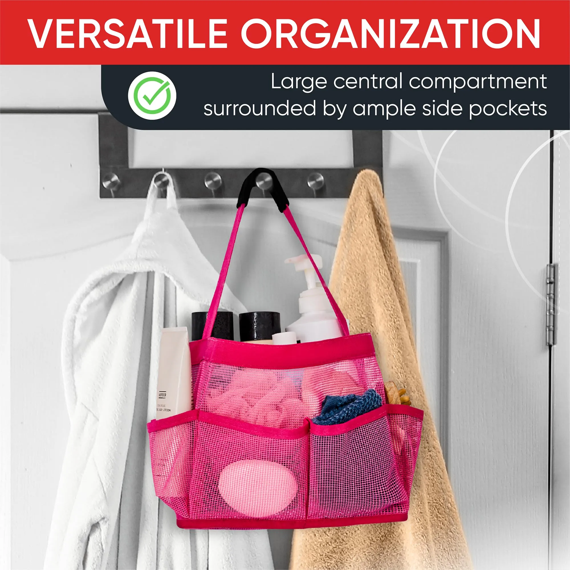 Masirs Mesh Shower Caddy Bag - (9 Pocket) Large Collapsible, Portable Bathroom Organizer for Travel, Gym, & Dorm - Easily Carry & Organize Bathroom Toiletry Essential (Pink)
