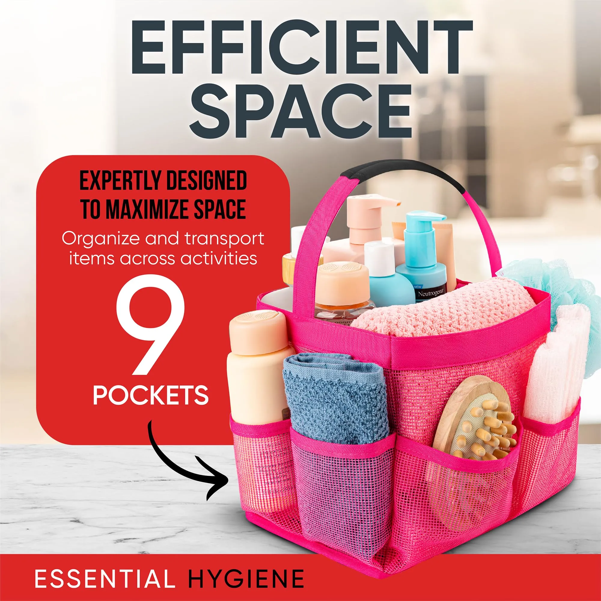 Masirs Mesh Shower Caddy Bag - (9 Pocket) Large Collapsible, Portable Bathroom Organizer for Travel, Gym, & Dorm - Easily Carry & Organize Bathroom Toiletry Essential (Pink)
