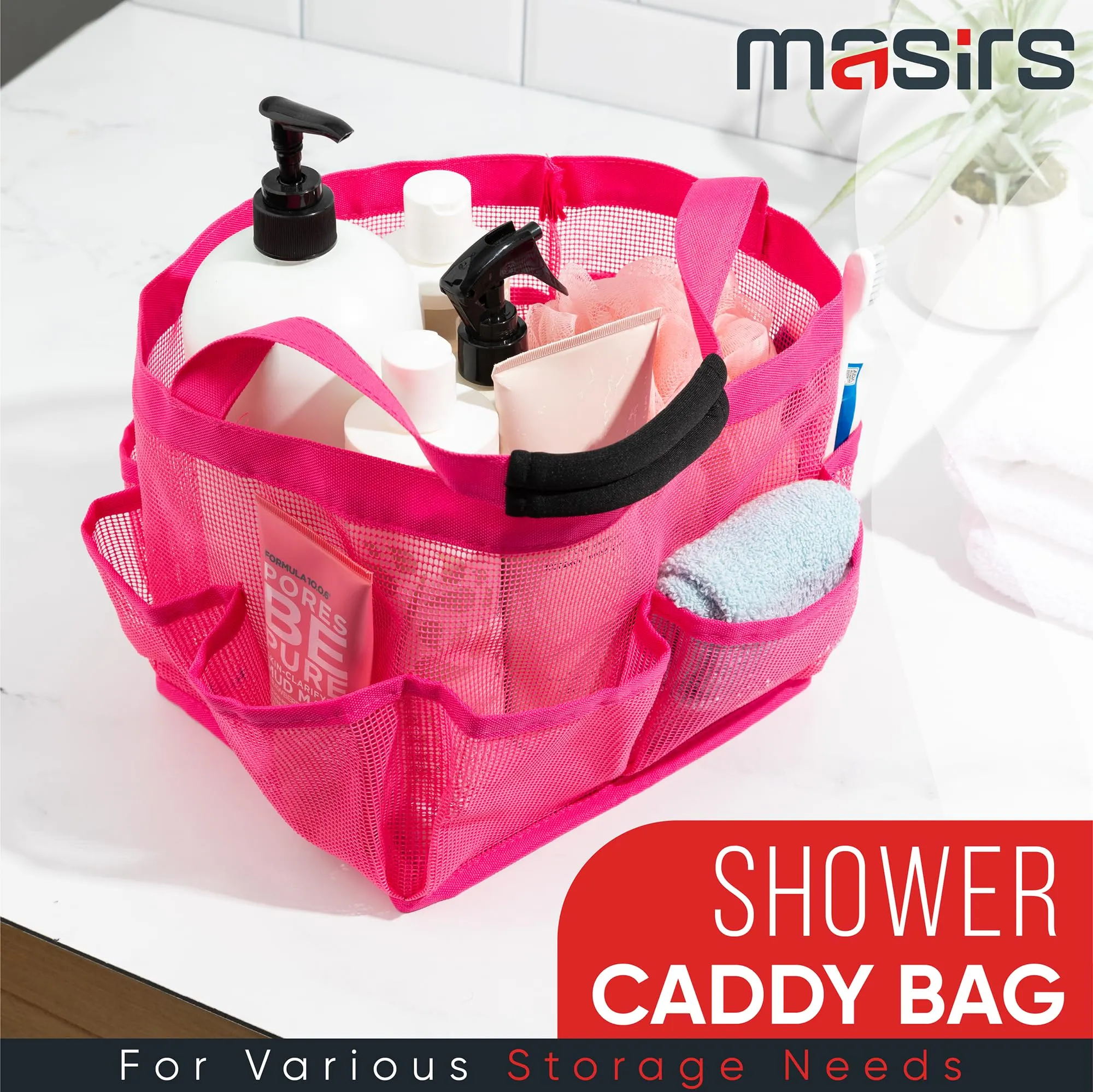 Masirs Mesh Shower Caddy Bag - (9 Pocket) Large Collapsible, Portable Bathroom Organizer for Travel, Gym, & Dorm - Easily Carry & Organize Bathroom Toiletry Essential (Pink)