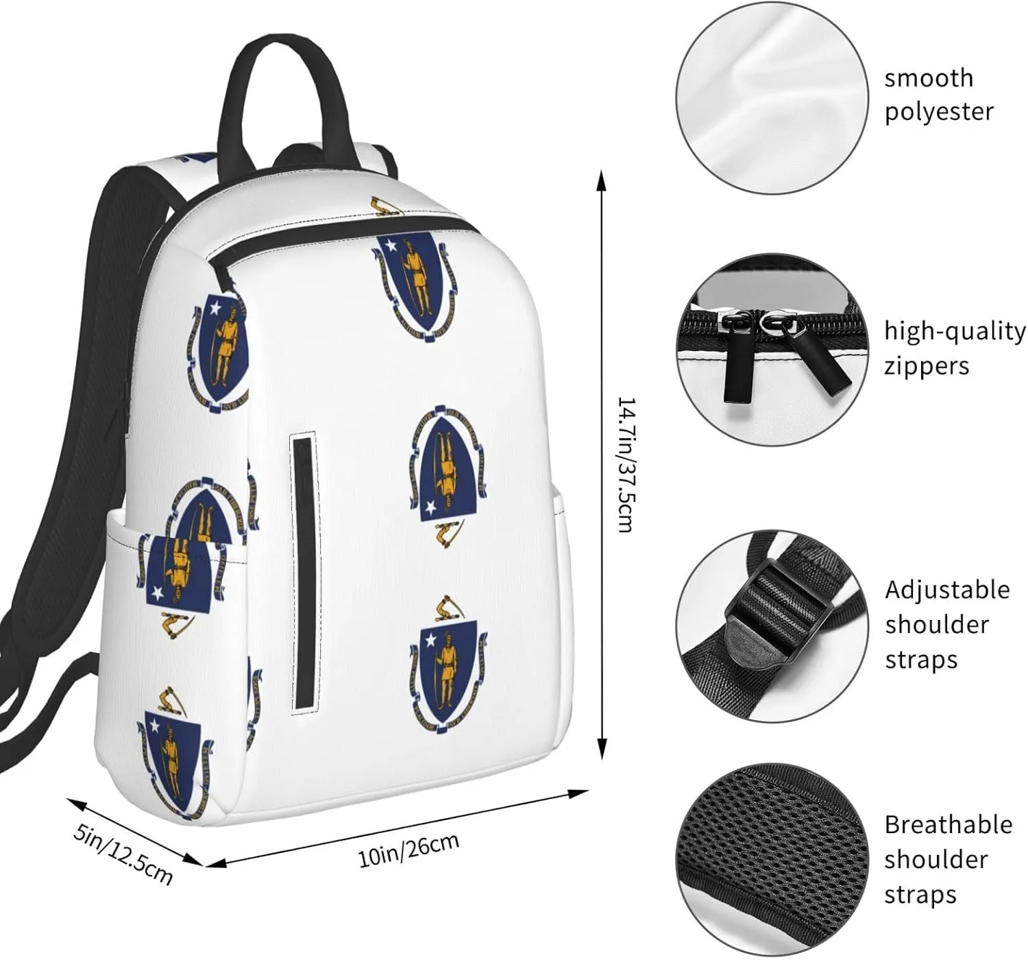 Massachusetts State Flag print Lightweight Laptop Backpack Travel Daypack Bookbag for Women Men for Travel Work