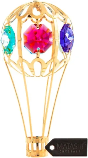 Matashi Hot Air Balloon Ornament 1, Gold with Colored Crystals, Hot Air Balloon 1