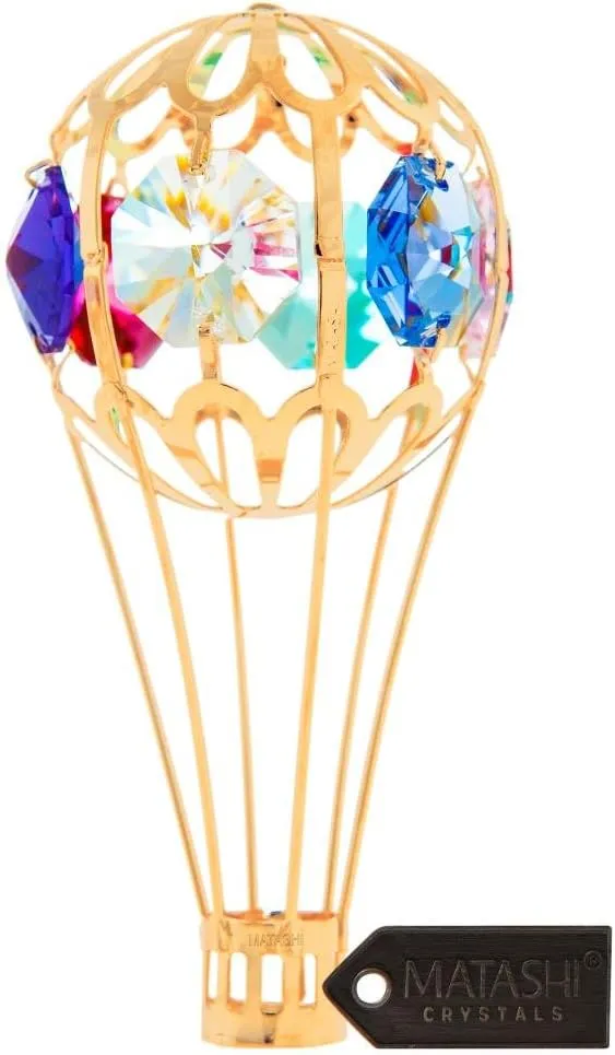 Matashi Hot Air Balloon Ornament 1, Gold with Colored Crystals, Hot Air Balloon 1