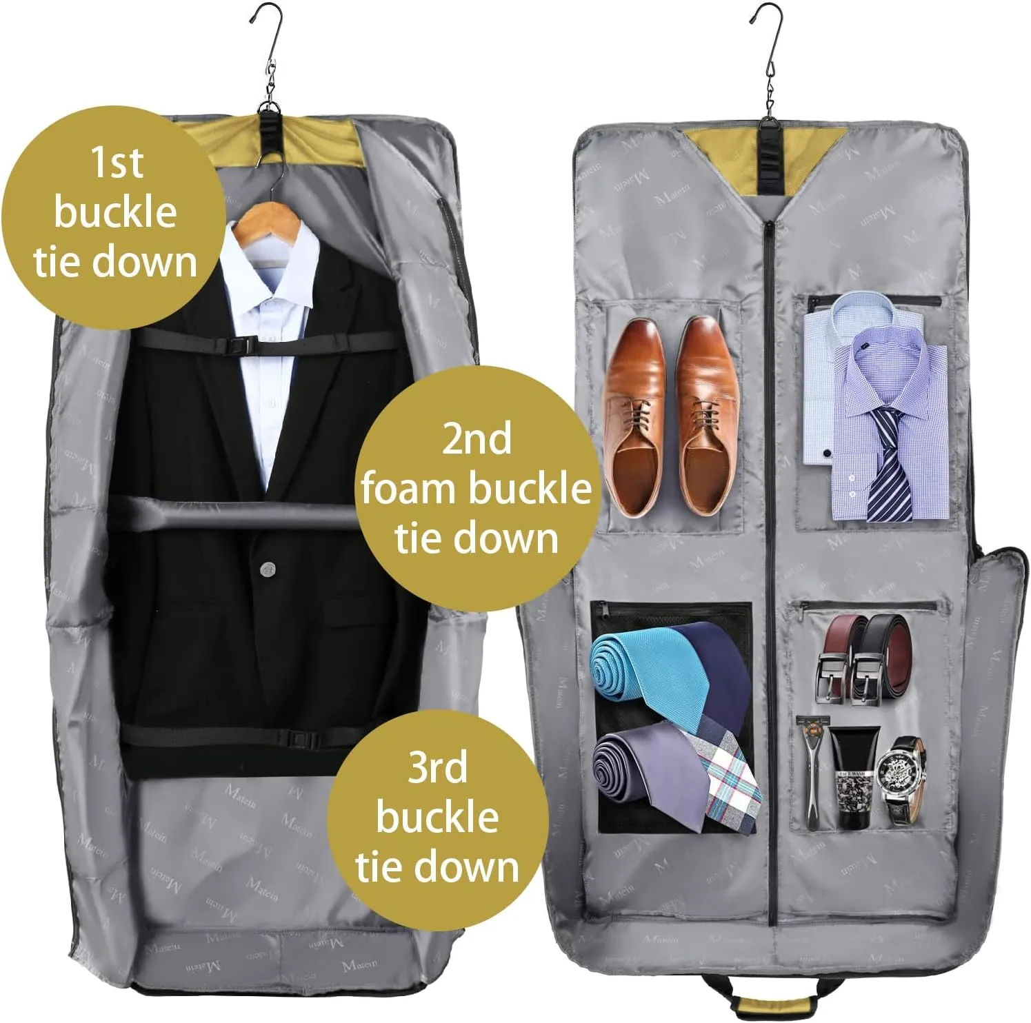 MATEIN Travel Garment Bag for Hanging Clothes, Large Suit Travel Bag with Pockets & Shoulder Strap for Business Trip, Professional Wrinkle Resistant Foldable Suit Storage Carrier Luggage, Khaki