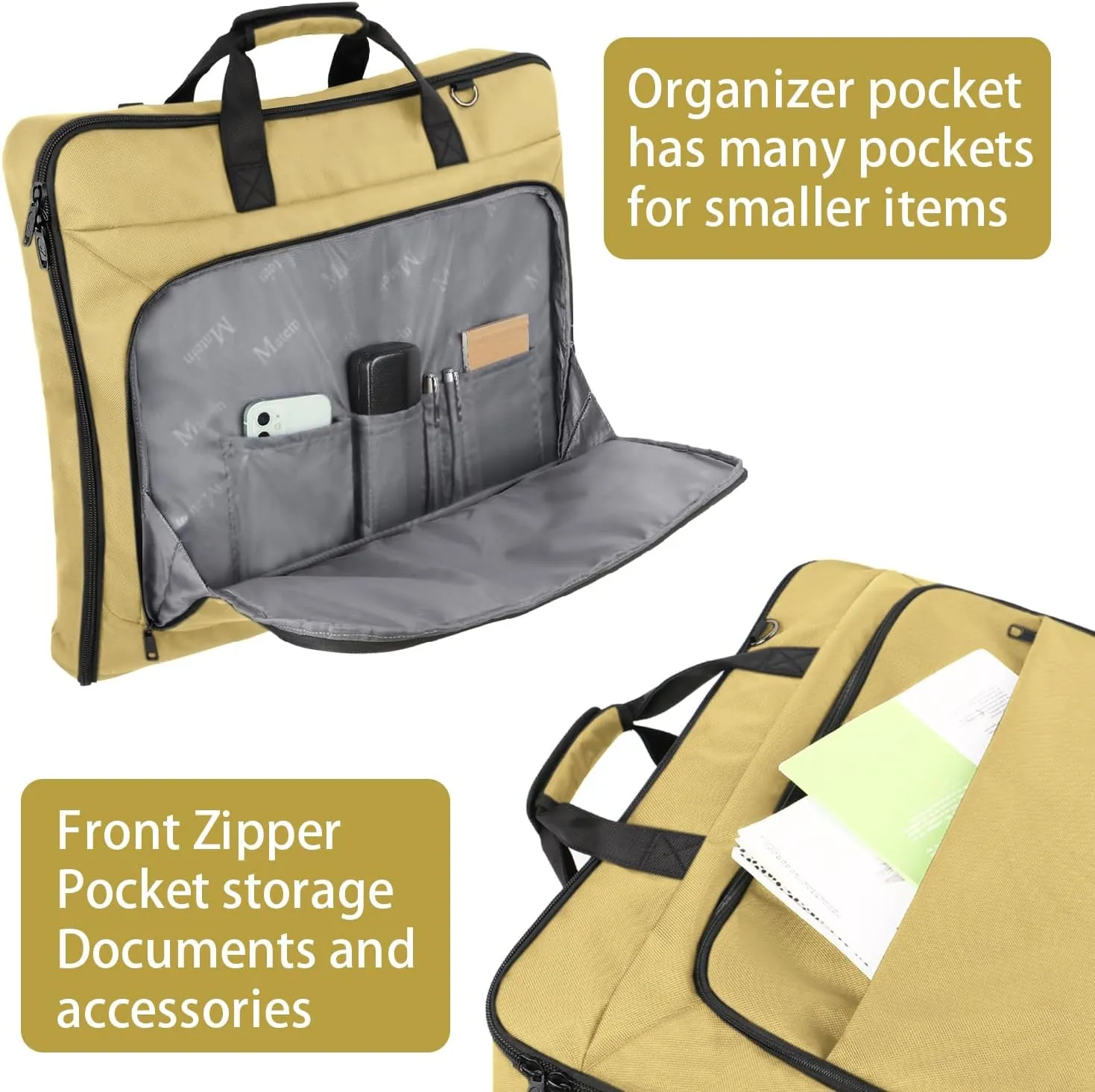MATEIN Travel Garment Bag for Hanging Clothes, Large Suit Travel Bag with Pockets & Shoulder Strap for Business Trip, Professional Wrinkle Resistant Foldable Suit Storage Carrier Luggage, Khaki
