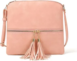 Medium Crossbody Bags for Women, Tassel Crossover Purse for Teen Girls Handbag Gift (Pink)
