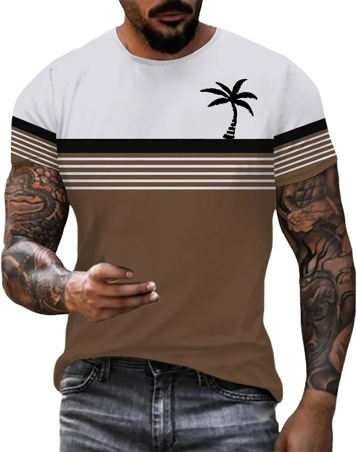 Men Coconut Tree Striped Print Workout Shirt Hawaiian Crewneck Shirts Short Sleeve Button Down Summer Tropical Outfits