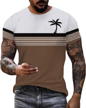 Men Coconut Tree Striped Print Workout Shirt Hawaiian Crewneck Shirts Short Sleeve Button Down Summer Tropical Outfits