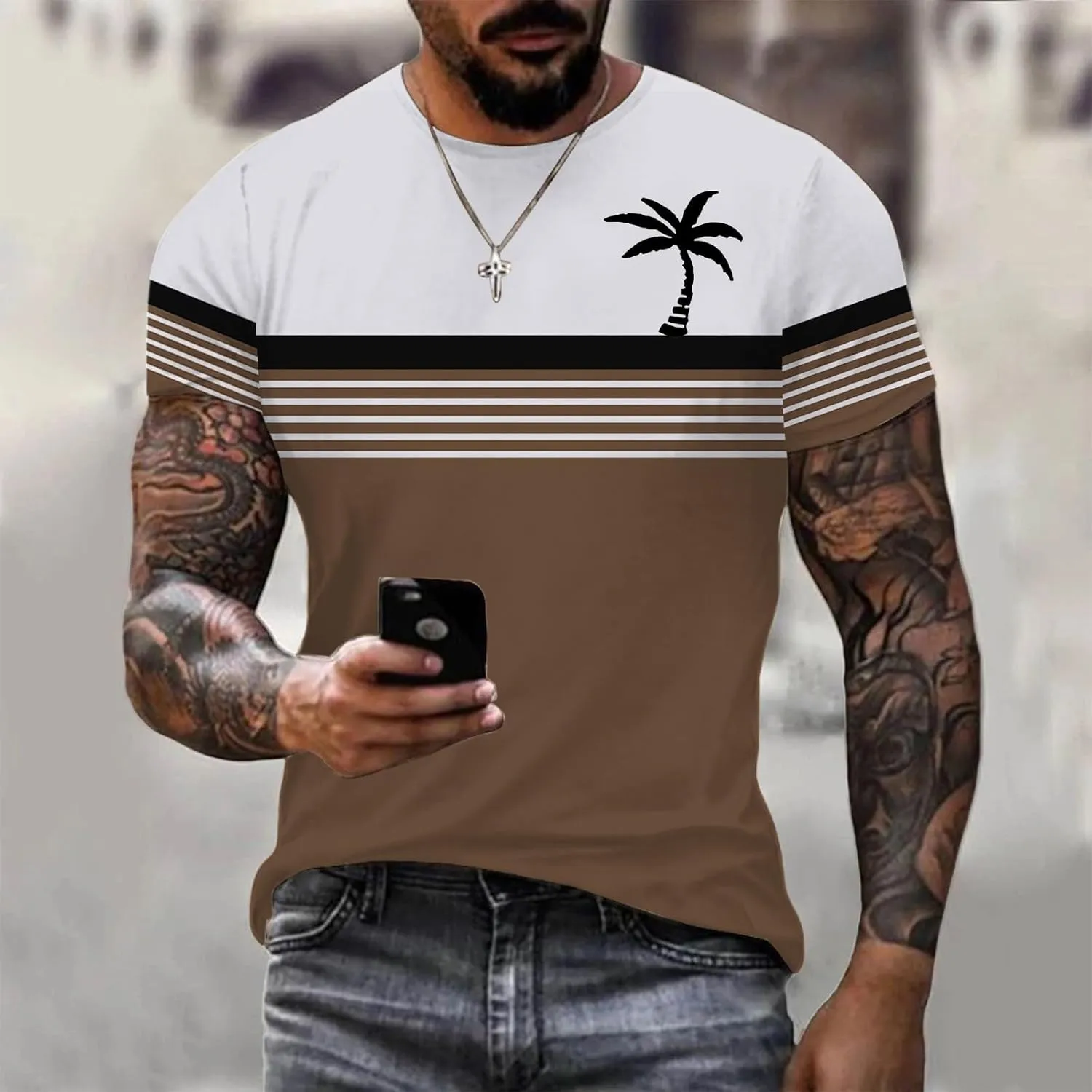 Men Coconut Tree Striped Print Workout Shirt Hawaiian Crewneck Shirts Short Sleeve Button Down Summer Tropical Outfits