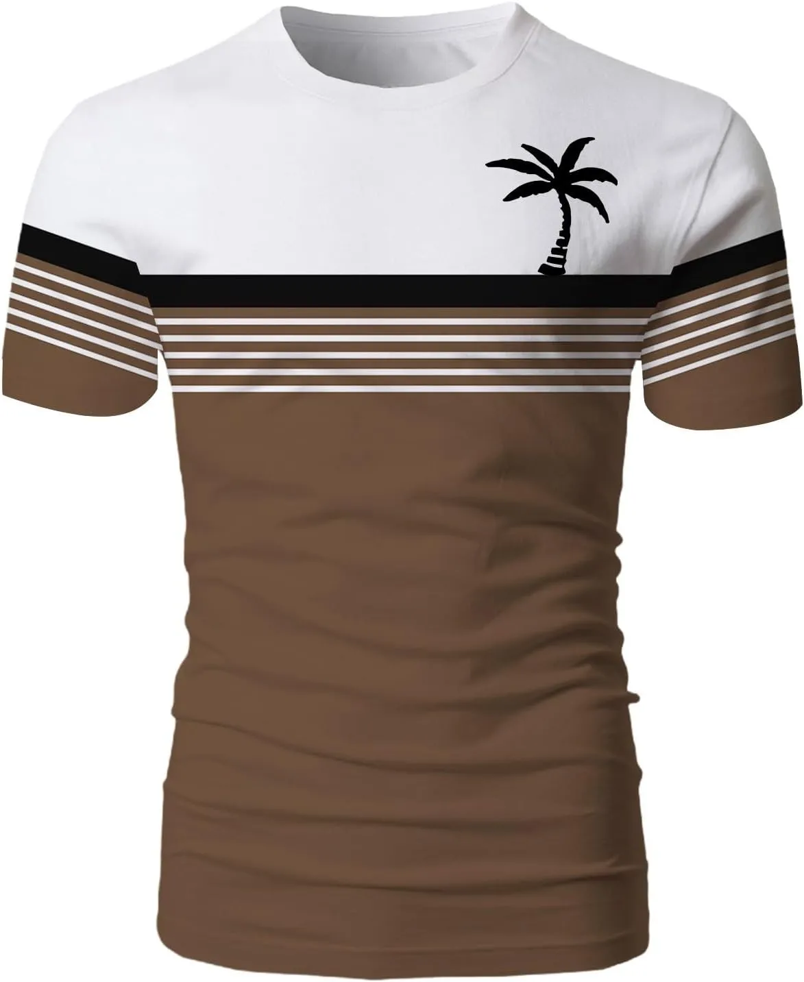 Men Coconut Tree Striped Print Workout Shirt Hawaiian Crewneck Shirts Short Sleeve Button Down Summer Tropical Outfits