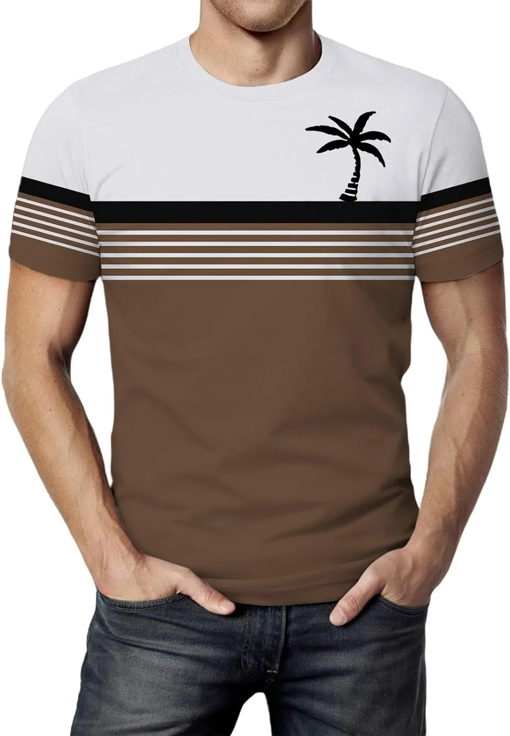 Men Coconut Tree Striped Print Workout Shirt Hawaiian Crewneck Shirts Short Sleeve Button Down Summer Tropical Outfits