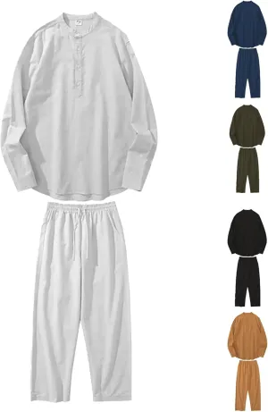 Men's 2 Pieces Cotton Linen Set Henley Shirt Long Sleeve and Casual Beach Pants Soft Summer Fall Yoga Outfits