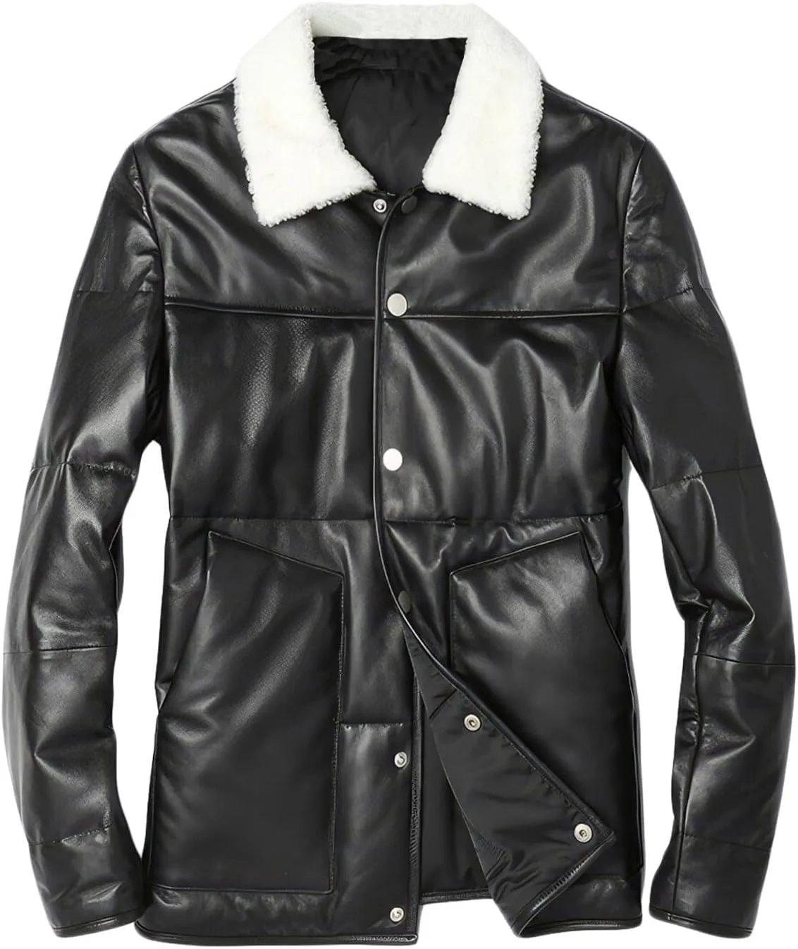 Men’s A2 Aviator Black Genuine Sheepskin Sherpa Shearling Faux Fur Shirt Collar Winter Puffer Leather Jacket