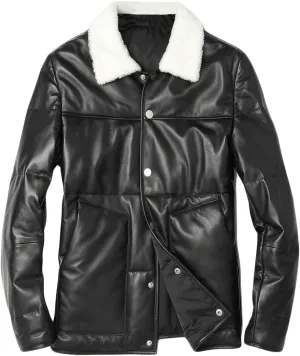 Men’s A2 Aviator Black Genuine Sheepskin Sherpa Shearling Faux Fur Shirt Collar Winter Puffer Leather Jacket