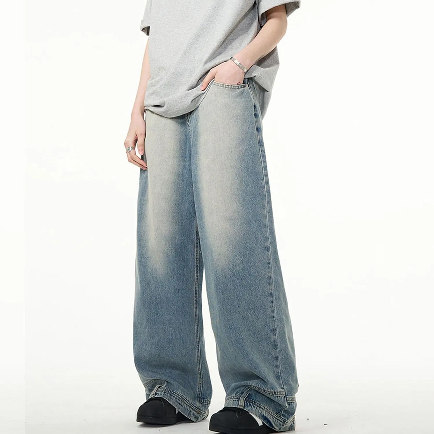 Men's Baggy Jeans Vintage Hip Hop Streetwear Jeans Pocket Reverse Design Causal Loose Straight Leg Denim Pants