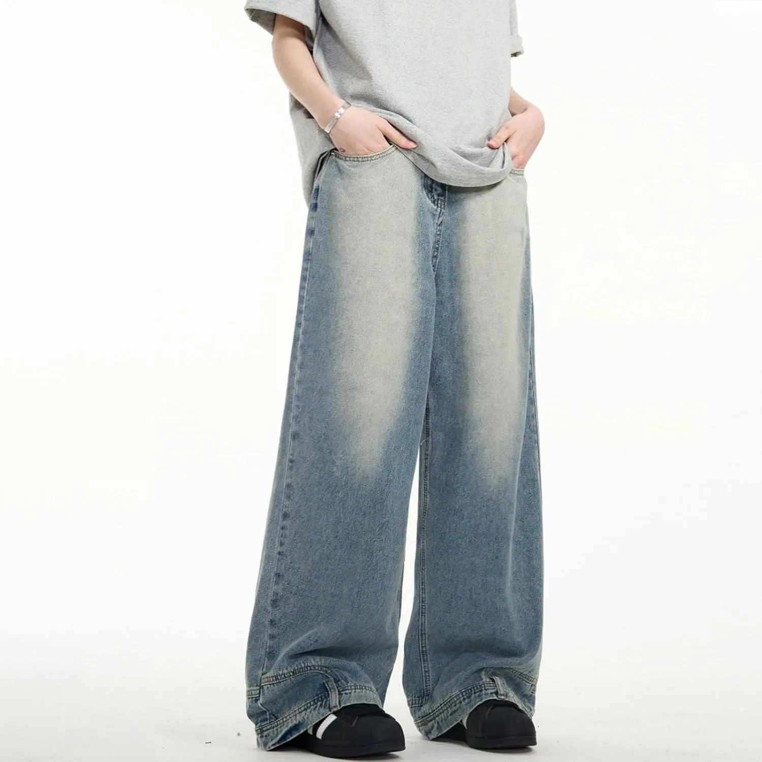 Men's Baggy Jeans Vintage Hip Hop Streetwear Jeans Pocket Reverse Design Causal Loose Straight Leg Denim Pants