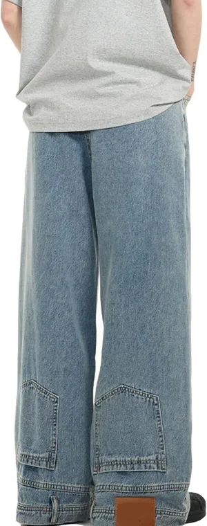 Men's Baggy Jeans Vintage Hip Hop Streetwear Jeans Pocket Reverse Design Causal Loose Straight Leg Denim Pants