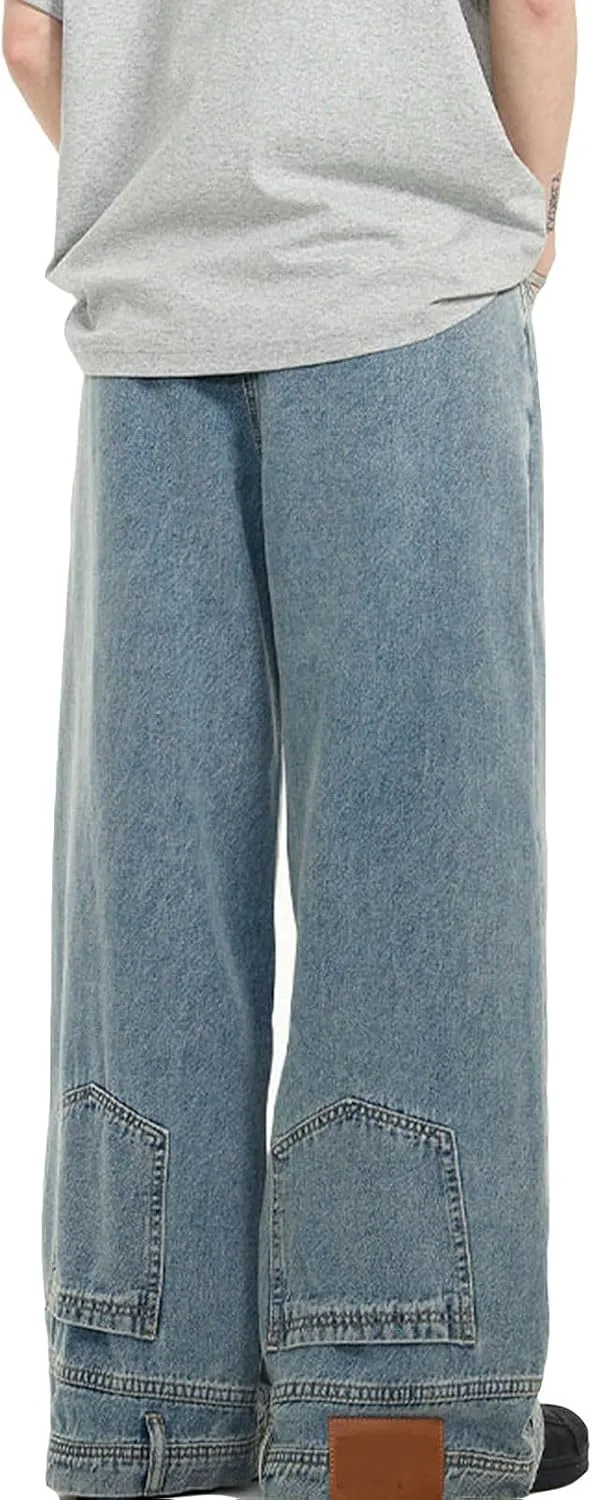 Men's Baggy Jeans Vintage Hip Hop Streetwear Jeans Pocket Reverse Design Causal Loose Straight Leg Denim Pants