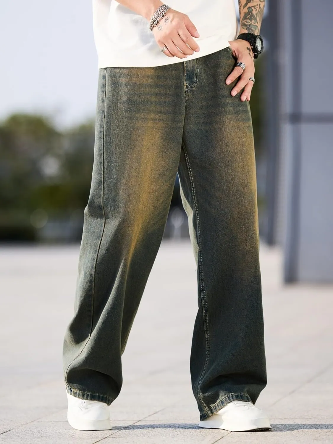 Mens Baggy Jeans with Cargo Pockets Goth Steampunk Y2k Wide Leg Denim Pants Skater Streetwear