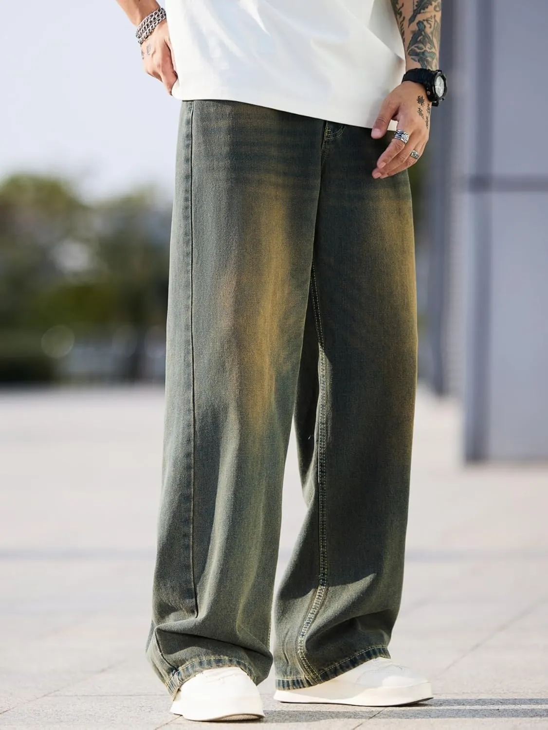 Mens Baggy Jeans with Cargo Pockets Goth Steampunk Y2k Wide Leg Denim Pants Skater Streetwear