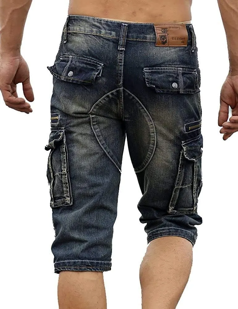 Men`s Cargo Denim Biker Jeans Shorts with Zippers