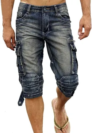 Men`s Cargo Denim Biker Jeans Shorts with Zippers