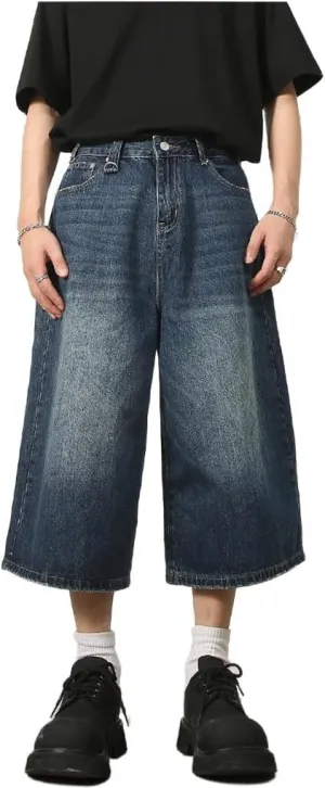 Mens Denim Shorts Summer Vintage Relaxed Fit Casual Wide Leg Jeans