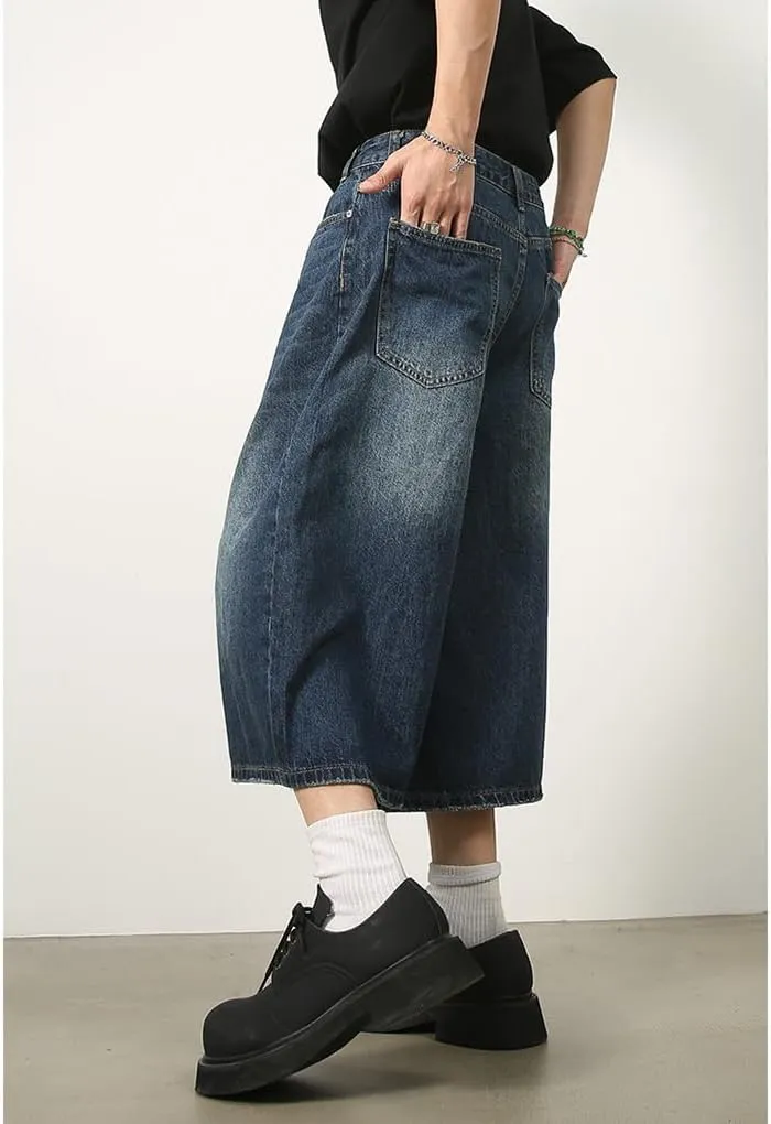 Mens Denim Shorts Summer Vintage Relaxed Fit Casual Wide Leg Jeans