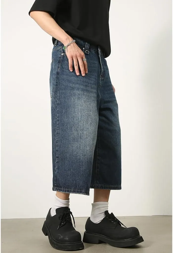 Mens Denim Shorts Summer Vintage Relaxed Fit Casual Wide Leg Jeans