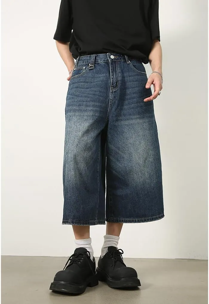 Mens Denim Shorts Summer Vintage Relaxed Fit Casual Wide Leg Jeans