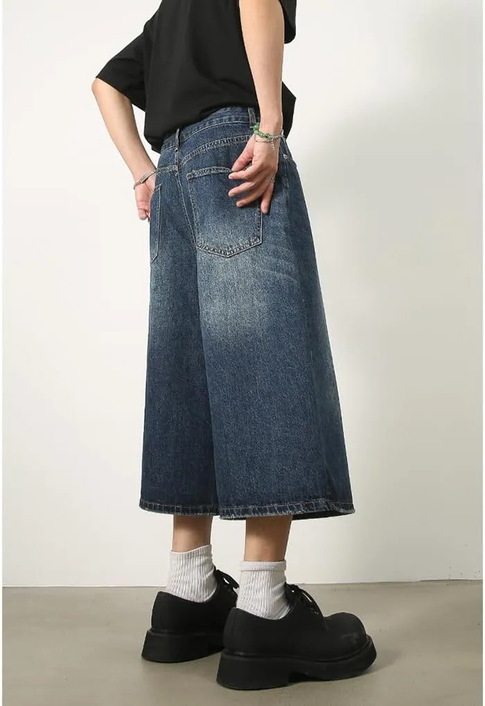 Mens Denim Shorts Summer Vintage Relaxed Fit Casual Wide Leg Jeans