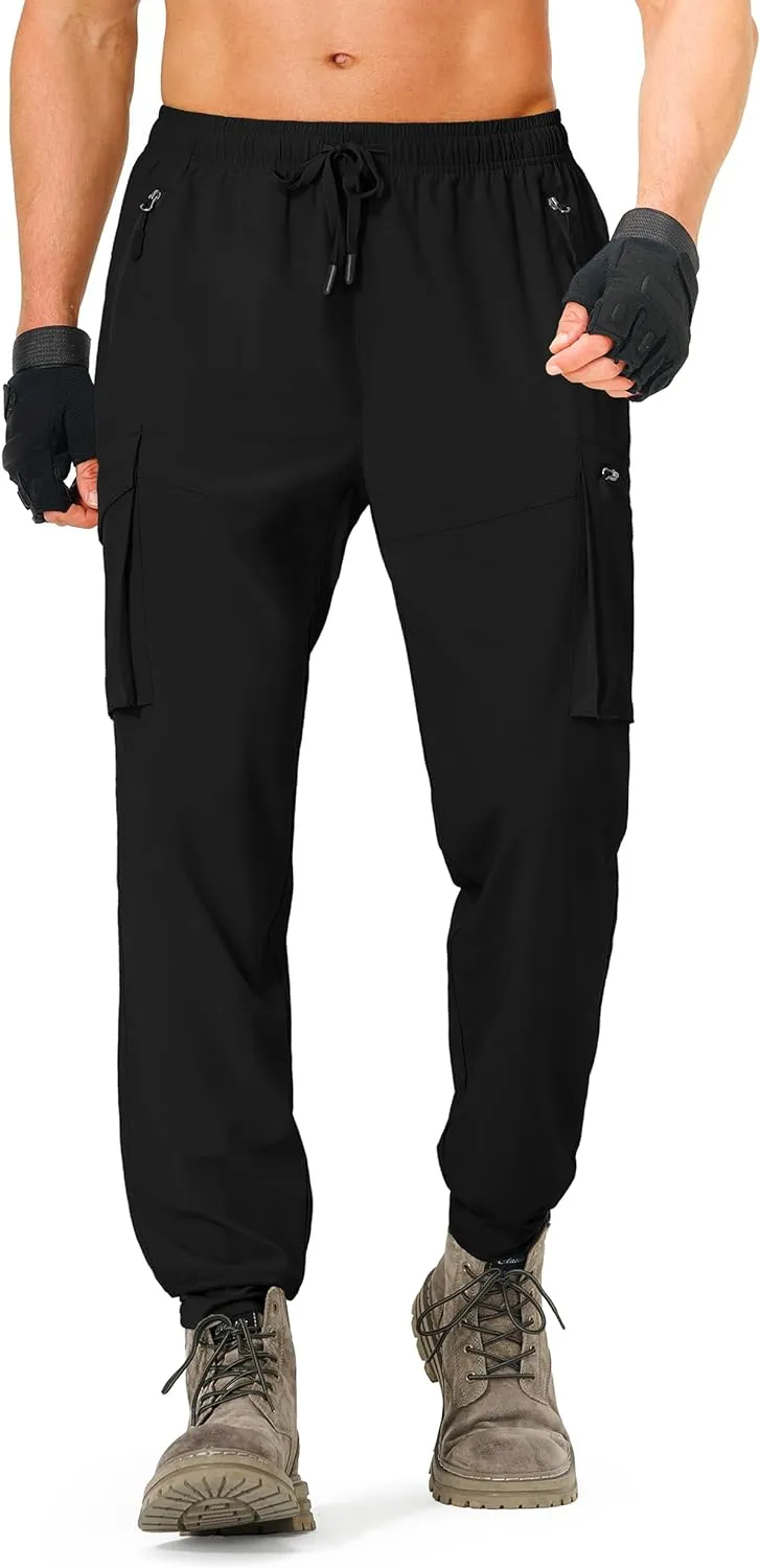 Men's Hiking Pants Cargo Lightweight Quick Dry Elastic Waist Golf Joggers with Zipper Pockets Water Resistant