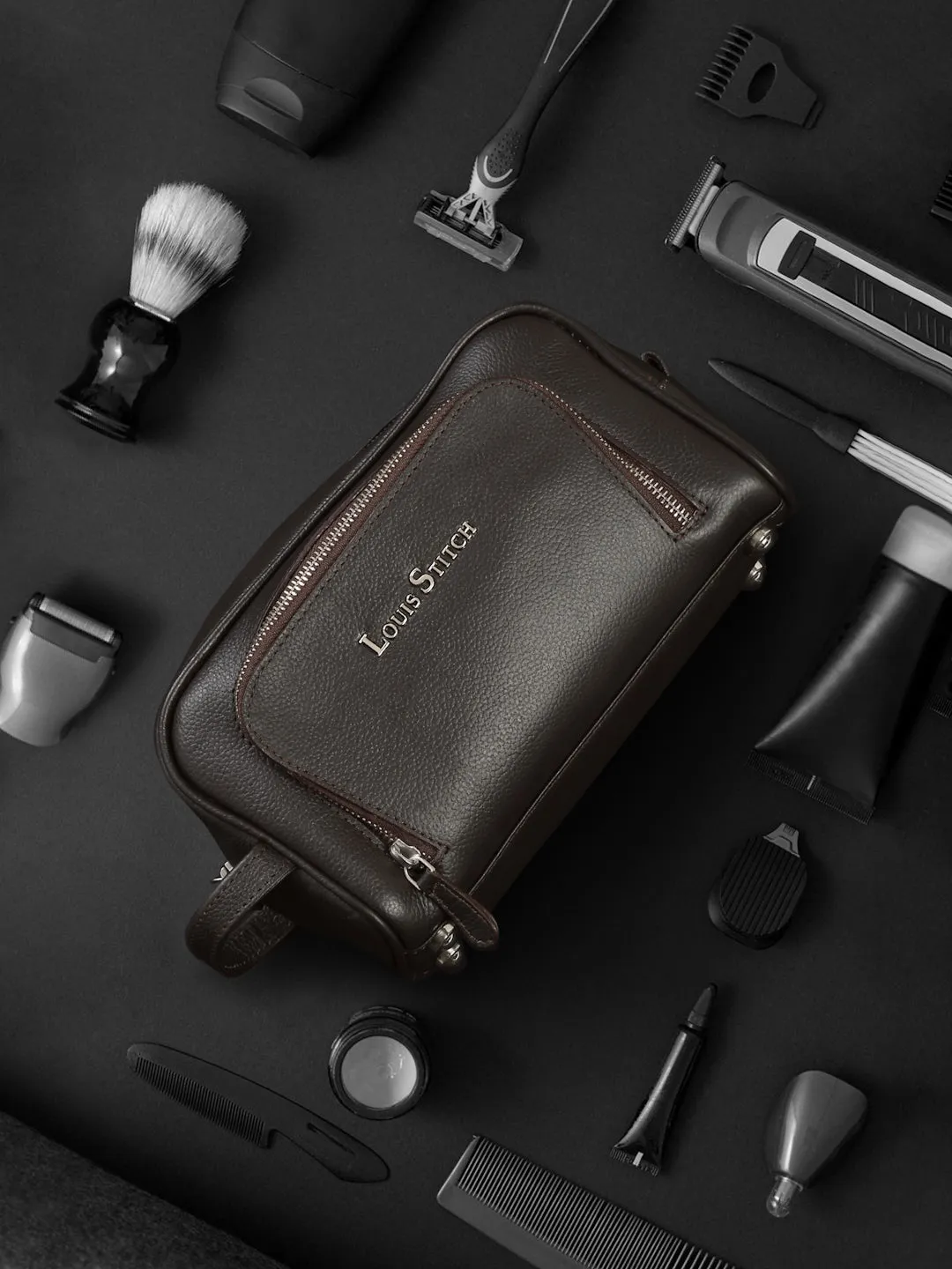 Men's Italian Milled Leather Toiletry Kit Travel Organizer Pouch with Multiple Compartments