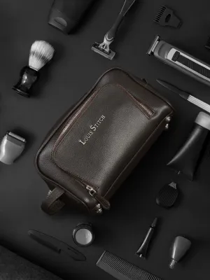 Men's Italian Milled Leather Toiletry Kit Travel Organizer Pouch with Multiple Compartments